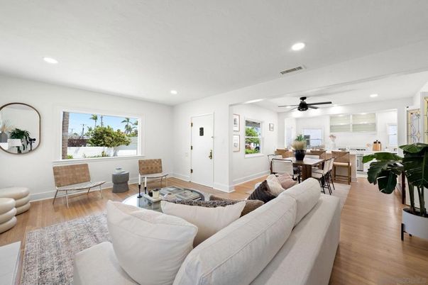 Dining room, Interior, Living room, Recessed Lighting, Wood Texture Flooring