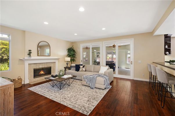 Fireplace, Interior, Living room, Recessed Lighting, Wood Texture Flooring
