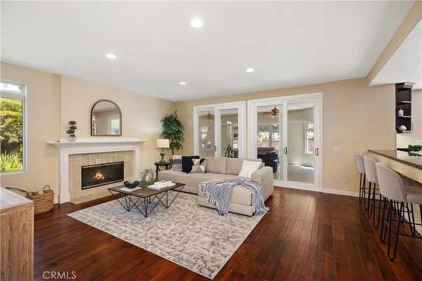 Fireplace, Interior, Living room, Recessed Lighting, Wood Texture Flooring