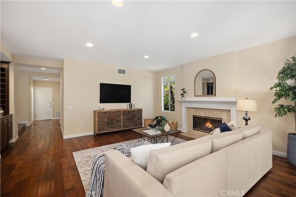 Fireplace, Interior, Living room, Recessed Lighting, Wood Texture Flooring