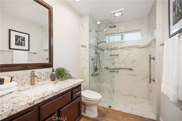 Bathroom, Glass Shower, Interior, Marble Walls, Recessed Lighting