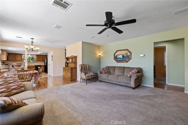Chandelier, Dining room, Interior, Kitchen, Living room, Recessed Lighting, Wood Texture Flooring