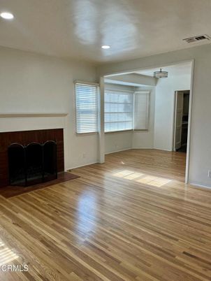 Empty room, Fireplace, Interior, Recessed Lighting, Wood Texture Flooring