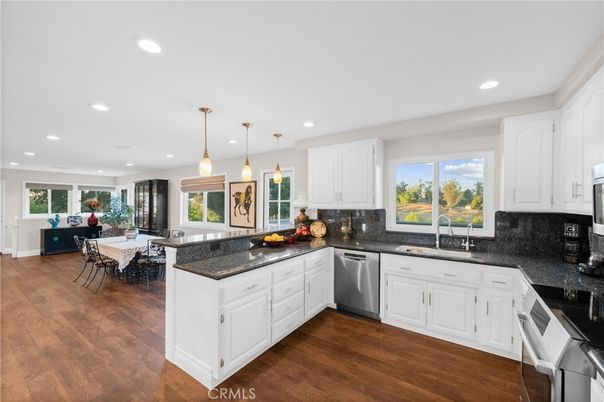 Dining room, Interior, Kitchen, Pendant Lights, Recessed Lighting, Stainless Steel Appliances, Wood Texture Flooring