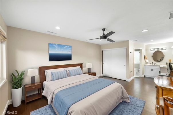 Bedroom, Interior, Recessed Lighting, Wood Texture Flooring