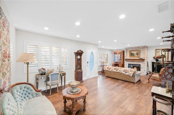 Fireplace, Interior, Living room, Recessed Lighting, Wood Texture Flooring