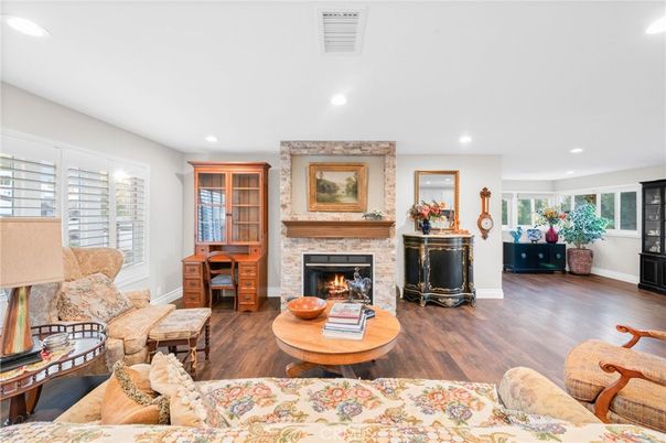 Fireplace, Interior, Living room, Recessed Lighting, Wood Texture Flooring