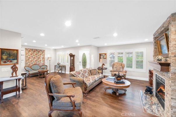 Fireplace, Interior, Living room, Recessed Lighting, Wood Texture Flooring