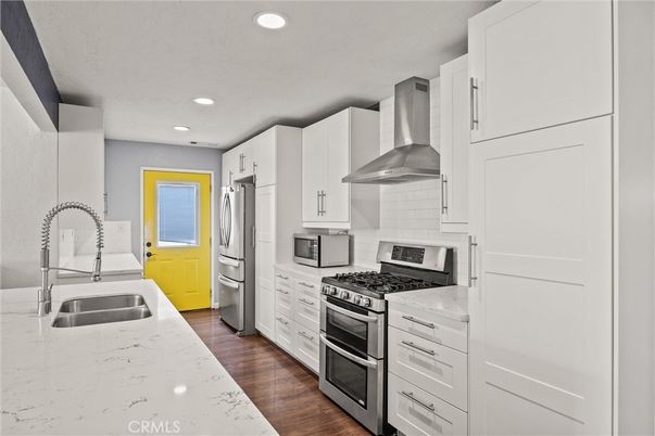 Interior, Kitchen, Recessed Lighting, Stainless Steel Appliances, Wood Texture Flooring