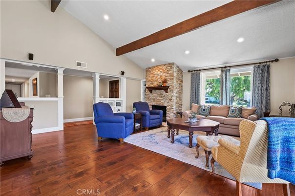 Fireplace, Interior, Living room, Recessed Lighting, Stone Walls, Wooden Beams, Wood Texture Flooring