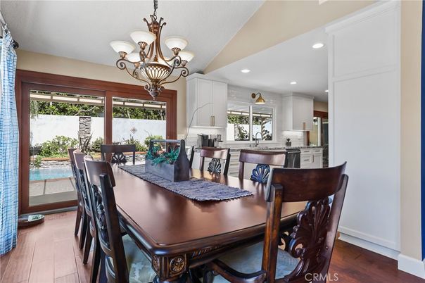 Chandelier, Dining room, Interior, Kitchen, Recessed Lighting, Wood Texture Flooring