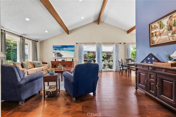 Dining room, Interior, Living room, Recessed Lighting, Wooden Beams, Wood Texture Flooring