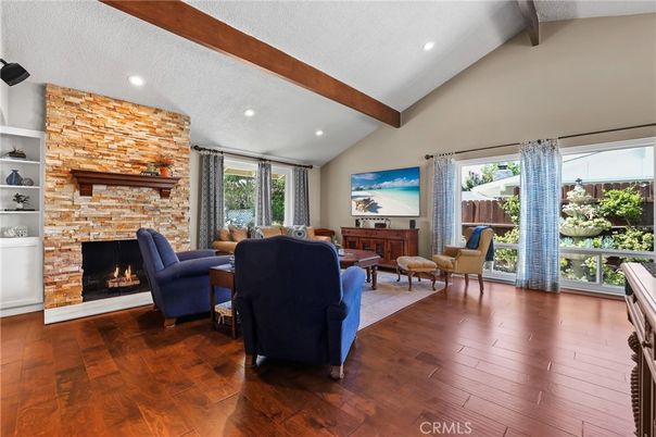 Fireplace, Interior, Living room, Recessed Lighting, Stone Walls, Wooden Beams, Wood Texture Flooring