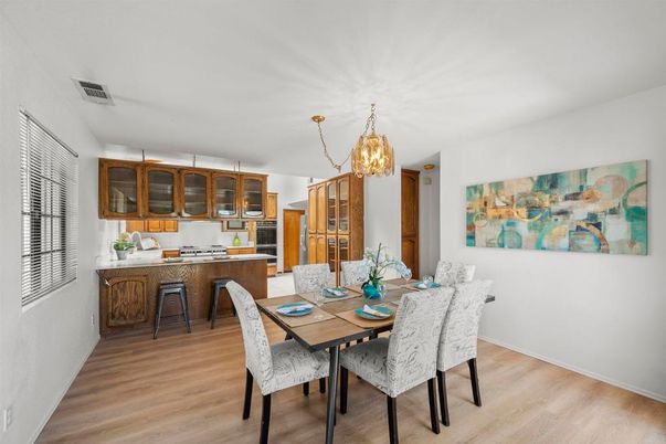 Chandelier, Dining room, Interior, Pendant Lights, Wood Texture Flooring