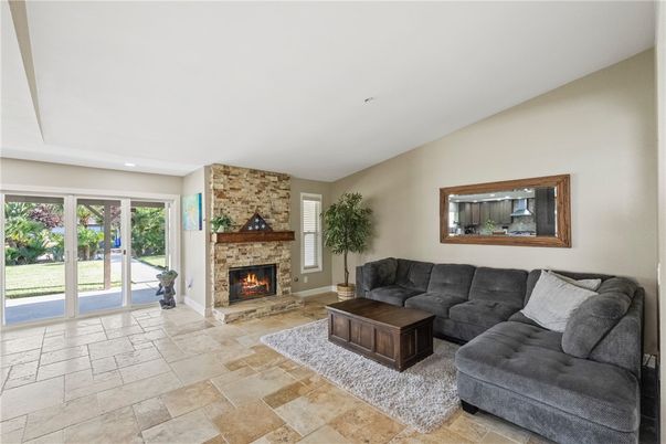 Fireplace, Interior, Living room, Recessed Lighting, Stone Walls