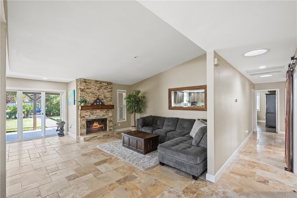 Fireplace, Interior, Living room, Recessed Lighting, Stone Walls