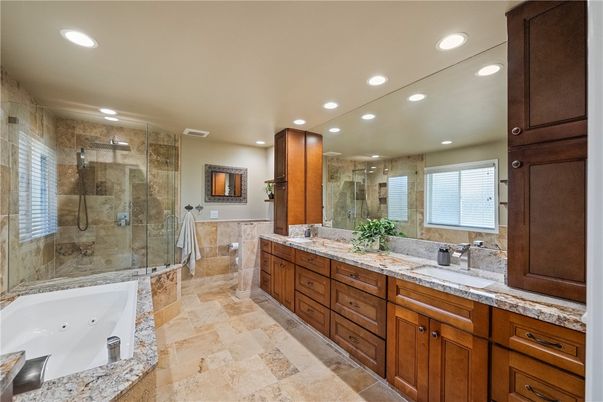 Bathroom, Dual Sink Vanities, Glass Shower, Interior, Recessed Lighting