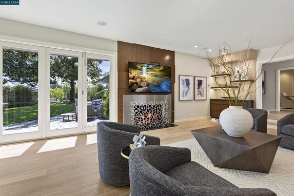 Fireplace, Interior, Living room, Recessed Lighting, Wood Texture Flooring