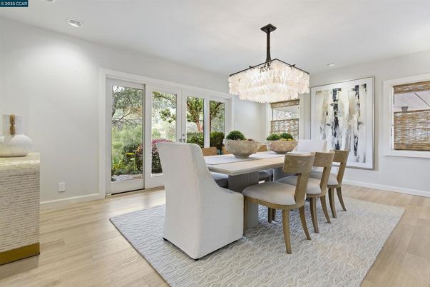 Chandelier, Dining room, Interior, Recessed Lighting, Wood Texture Flooring