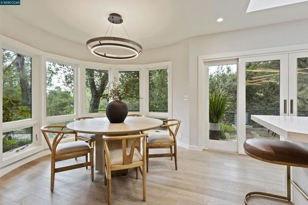 Dining room, Interior, Pendant Lights, Recessed Lighting, Wood Texture Flooring