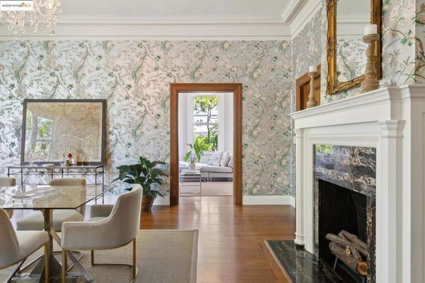 Dining room, Fireplace, Interior, Wood Texture Flooring
