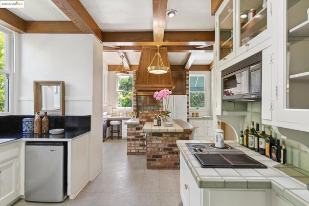 Interior, Kitchen, Pendant Lights, Recessed Lighting, Tile Countertops, Wooden Beams
