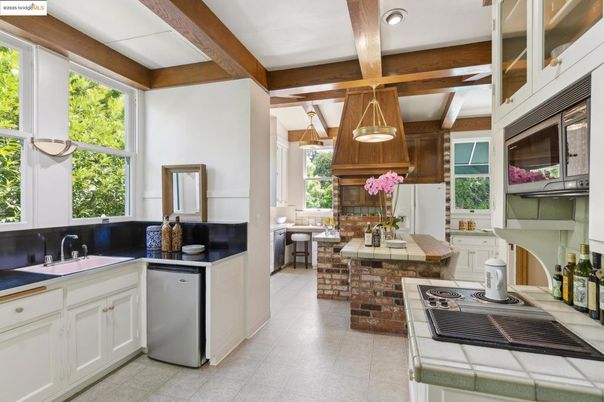 Interior, Kitchen, Pendant Lights, Recessed Lighting, Tile Countertops, Wooden Beams