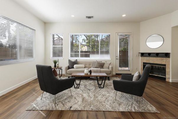 Fireplace, Interior, Living room, Recessed Lighting, Wood Texture Flooring