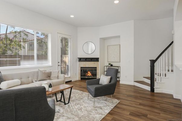 Fireplace, Interior, Living room, Recessed Lighting, Wood Texture Flooring