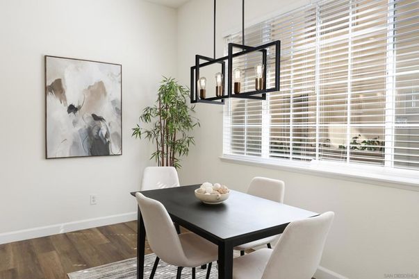 Dining room, Interior, Pendant Lights, Wood Texture Flooring