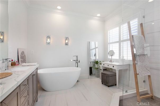Bathroom, Dual Sink Vanities, Free Standing Baths, Glass Shower, Interior, Marble, Recessed Lighting