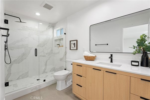 Bathroom, Glass Shower, Interior, Marble Walls, Recessed Lighting
