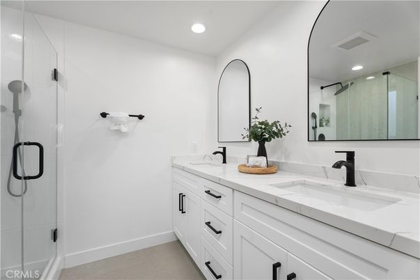 Bathroom, Dual Sink Vanities, Glass Shower, Interior, Recessed Lighting