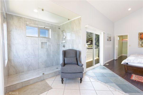 Bathroom, Glass Shower, Interior, Marble Walls, Recessed Lighting, Wood Texture Flooring
