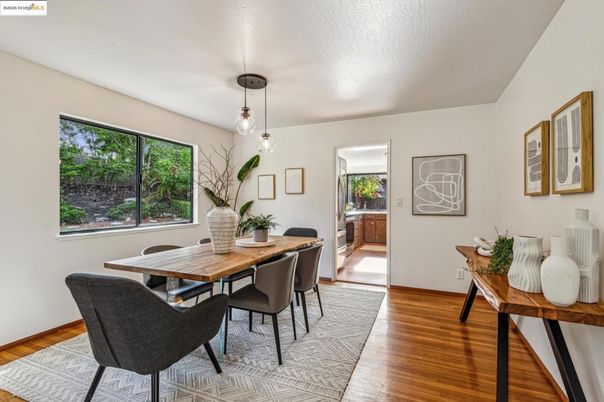 Dining room, Interior, Pendant Lights, Wood Texture Flooring