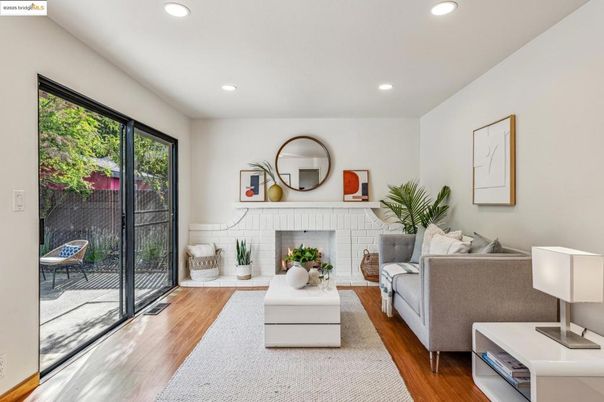 Fireplace, Interior, Living room, Recessed Lighting, Wood Texture Flooring