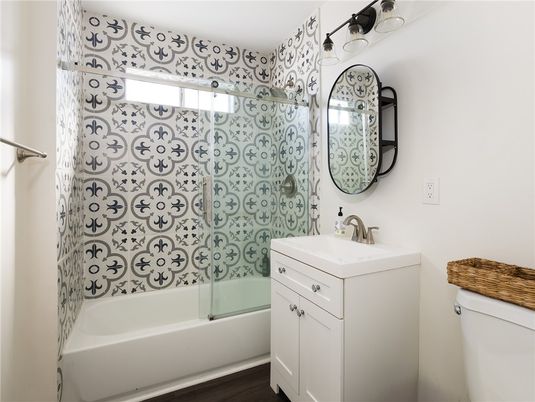 Bathroom, Glass Shower, Interior, Wood Texture Flooring