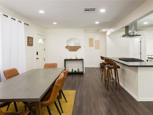 Dining room, Interior, Recessed Lighting, Wood Texture Flooring