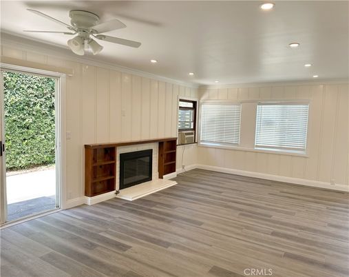Empty room, Fireplace, Interior, Recessed Lighting, Wood Texture Flooring