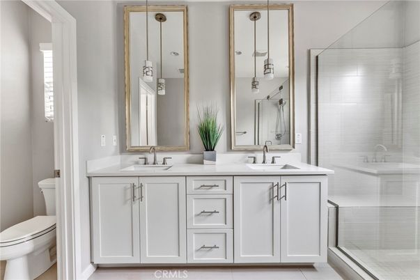 Bathroom, Dual Sink Vanities, Glass Shower, Interior, Pendant Lights