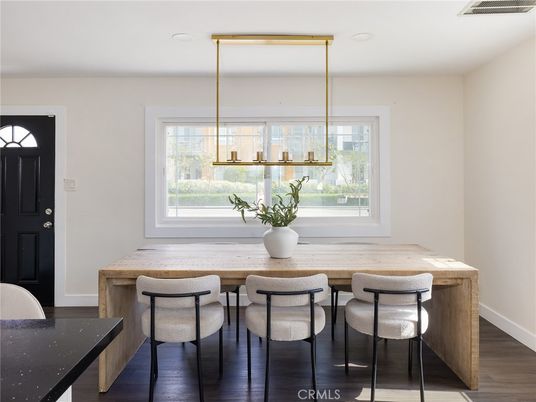 Dining room, Interior, Pendant Lights, Recessed Lighting, Wood Texture Flooring