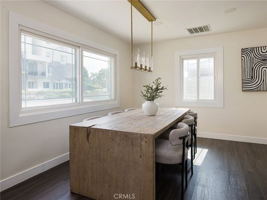 Dining room, Interior, Pendant Lights, Wood Texture Flooring
