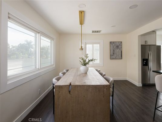 Dining room, Interior, Kitchen, Pendant Lights, Stainless Steel Appliances, Wood Texture Flooring