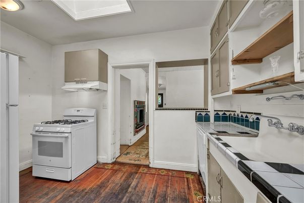 Interior, Kitchen, Tile Countertops, Wood Texture Flooring
