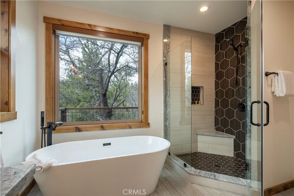 Bathroom, Free Standing Baths, Glass Shower, Interior, Recessed Lighting