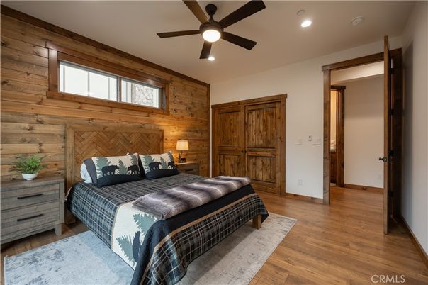 Bedroom, Interior, Recessed Lighting, Wood Texture Flooring, Wooden Walls