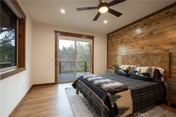Bedroom, Interior, Recessed Lighting, Wood Texture Flooring, Wooden Walls