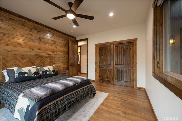 Bedroom, Interior, Recessed Lighting, Wood Texture Flooring, Wooden Walls