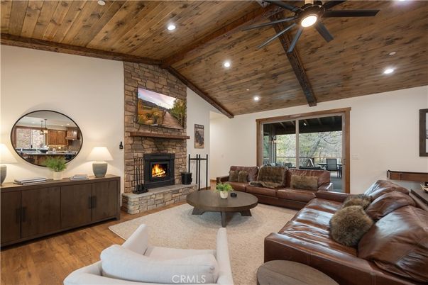 Fireplace, Interior, Living room, Recessed Lighting, Stone Walls, Wooden Beams, Wooden Ceilings, Wood Texture Flooring
