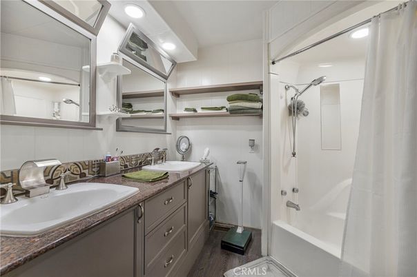Bathroom, Dual Sink Vanities, Interior, Recessed Lighting, Wood Texture Flooring
